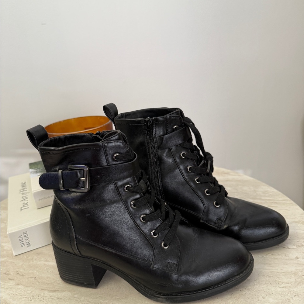 Black Combat Moto Boots with Chunky Heel